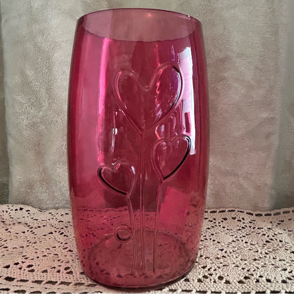 Pink Transparent Glass Vase Raised Heart Image- Cylinder Decorative Home Accent